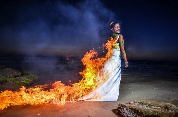 wedding dress on fire